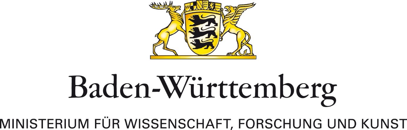 Wappen des Bundeslandes Baden-Württemberg mit Text unterhalb: Ministerium für Wissenschaft, Forschung und Kunst