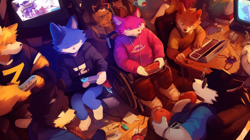 This image depicts a cozy gaming session featuring anthropomorphic animal characters in a dimly lit room filled with retro and modern gaming equipment. The characters, mostly wolf- or fox-like, are engaged in various gaming activities, some using controll
